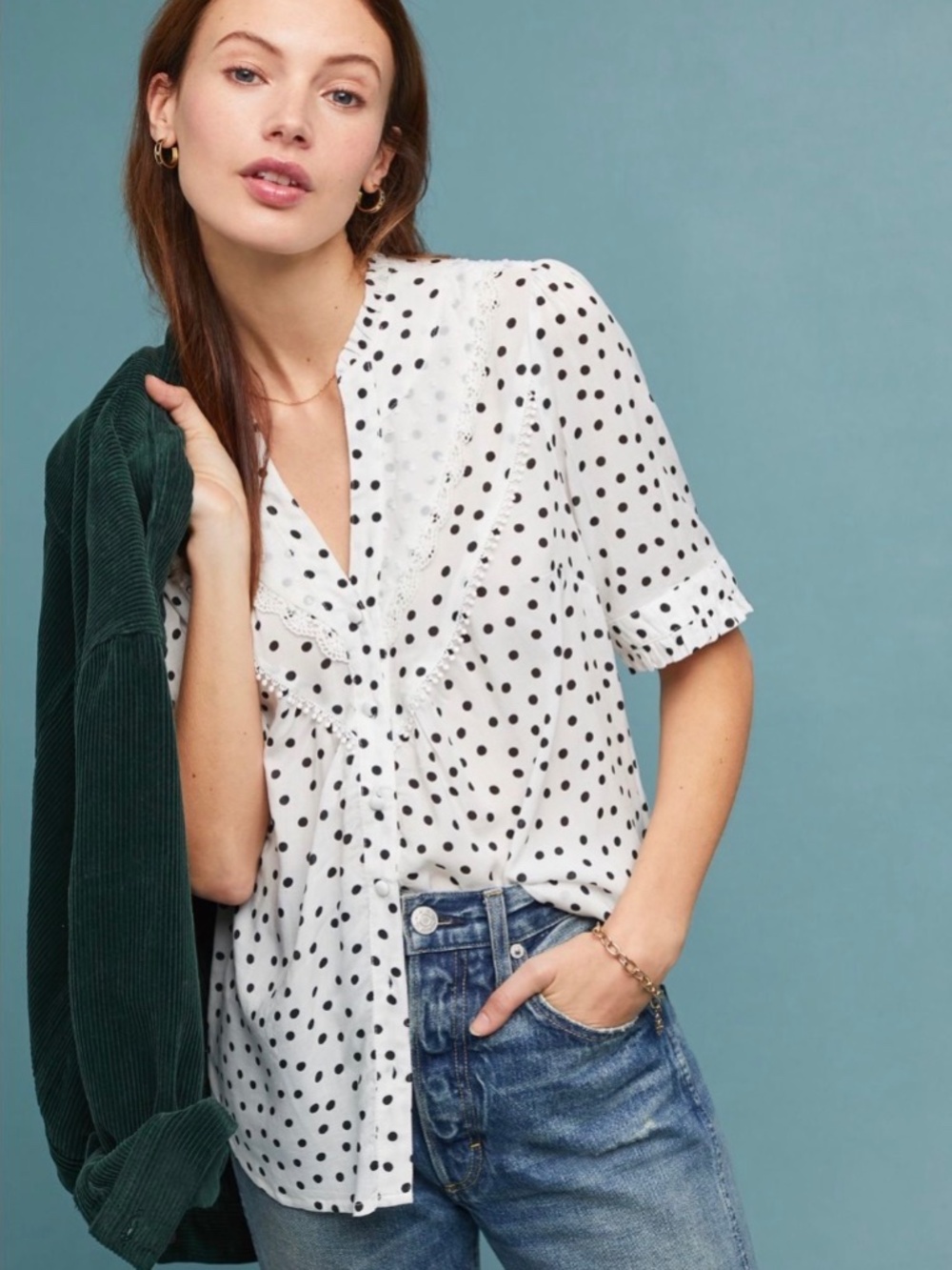 Anthropologie Maeve Black White Polka Dot Button Front Lace Trim Blouse NWOT 4